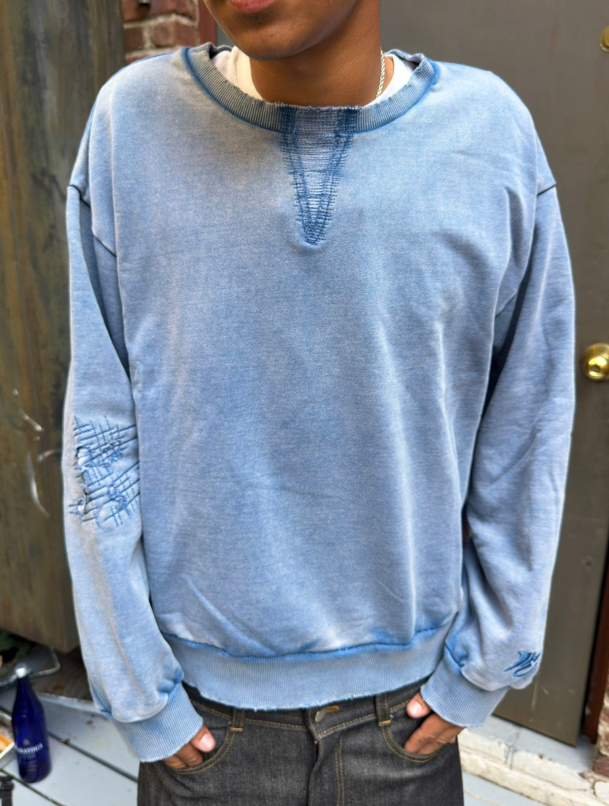 Washed Blue Repaired Crewneck